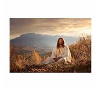 ZAMAEIU Impression sur toile Jésus Montagne assise sacrée Portrait de tranquillité,Décoration murale pour salon, chambre à coucher, église, salle de prière(blanc85)-30x50cm Sans cadre