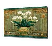 ZAMAEIU Murale Botanique pour Salle de Bain Rythmes d'orchidées vertes et dorées Mural en Toile de Fleur pour Salon Chambre(Blanc)-80x120cm Encadrée