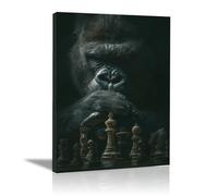 ZAMAEIU Tableau Decoration Murale Animaux Le gorille joue aux échecs. impressions sur toile, Convient pour la chambre, Appartement Bureau, le salon, etc.(Noir)-50x70cm Encadrée