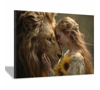 ZAMAEIU Tableau Decoration Murale Animaux, Lions et Femme, affiches d'animaux avec impression d'art, pour le salon et la chambre(marron)-60x90cm Encadrée