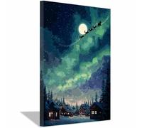 ZAMAEIU Tableau sur toile de Noël Traîneau Aurore Boréale pour une décoration de chambre chaleureuse, idéal pour le salon, la salle de bain, la chambre(bleu190)-20x30cm Encadrée