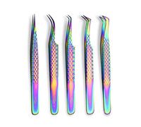 ZAMAHA UK Lot de 5 pinces à épiler japonaises en acier inoxydable - Droites incurvées à 45 à 90 degrés - Pointe coudée - Pince à épiler volume (arc-en-ciel multicolore)