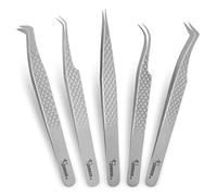 ZAMAHA UK Lot de 5 pinces à épiler japonaises en acier inoxydable droites incurvées à 45 degrés avec pointe coudée à 90 degrés, outil de precision pince à épiler (aspect brillant)