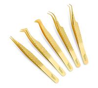 ZAMAHA UK ZUK-LASH-5P-GOLD Lot de 5 pinces à épiler pour extensions de cils en acier inoxydable japonais droites incurvées à 45 ° Pointe coudée à 90 degrés pour volume de cils