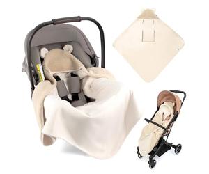 Zamboo Couverture Siege Auto Bebe en Polaire Peluche 80x80 cm - Plaid Bébé Enveloppant avec Fentes Harnais, Oeko-Tex - pour Siège-Auto, Cosy, Nacelle et Poussette - Teddy Beige