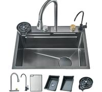 Zamery Évier de cuisine cascade en acier inoxydable 304 avec robinet multifonction extensible, machine à laver les tasses et autres accessoires, noir/gris A, 60 x 45 cm