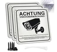 Zamety 3 Panneau Camera Surveillance, Panneaux En Aluminium De Video Surveillance Panneau, Avec Auto-AdhéSif, Trous PercéS, 12 Vis Et 12 Serre-CâBles, Autocollant Video Surveillance De 15 × 15cm
