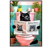 Zamety Poster Humoristique pour WC, Tableau Decoration Murale, Mignon Chat Tableau Toilette, 30x40cm Decoration Salle de Bain Poster Mural, Chat Noir Lecture Journal Sur les Toilettes, Sans Cadre