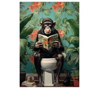 Zamety Tableau Decoration Murale, Decoration Salle de Bain Poster Mural, 30x40cm Tableau Toilette, A3 Poster Humoristique pour WC, Chimpanzés Marrant Assis dans Toilettes Lisant Journal, Sans Cadre