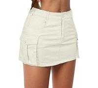 Zando Jupe en jean taille basse pour femme avec poches - Mini jupe d'été avec boutons, beige, L