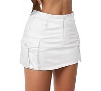 Zando Jupe en jean taille basse pour femme avec poches - Mini jupe d'été avec boutons, Blanc., L