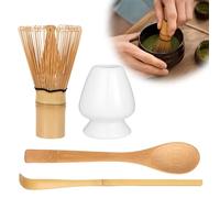 Zanfqvo Matcha Kit 4 Pièces - Kit Matcha avec Fouet Matcha Bambou, 2 Cuillere Matcha, Porte-Fouet - Accessoires pour Cérémonie du thé Japonais (Blanc)
