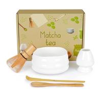 Zanfqvo Matcha Kit 5 Pièces - Kit Matcha avec Bol Matcha, Fouet Matcha Bambou, 2 Cuillere Matcha, Porte-Fouet - Accessoires pour Cérémonie du thé Japonais (Blanc)