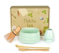 Zanfqvo Matcha Kit 5 Pièces - Kit Matcha avec Bol Matcha, Fouet Matcha Bambou, 2 Cuillere Matcha, Porte-Fouet - Accessoires pour Cérémonie du thé Japonais (Cyan)