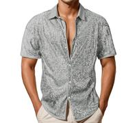 Zanisouta Chemise de loisirs scintillante à paillettes pour homme - Chemise à manches courtes vintage été 1/4 bouton scintillant disco top années 70 club brillant chemise rave tops paillettes costume