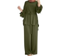 Zanisouta Combinaison élégante pour femme - Robe musulmane Abaya - Haut à manches longues et pantalon large - Tenue Ramadan - Couleur unie - Ensemble de vêtements islam, O Vert., M