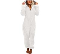 Zanisouta Combinaison en polaire pour femme - Combinaison douillette - Élégante pièce - Couleur unie - Pyjama moelleux - Avec capuche et fermeture éclair, O blanc., S