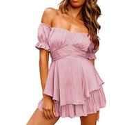 Zanisouta Mini robe sexy pour femme - Dos nu - Lanterne - Manches courtes - Volants - Nœud papillon - Mini robe d'été - Taille haute - Combinaison de fête - Une pièce - Combinaison courte, O C, S