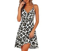 Zanisouta Robe Leo pour femme - Sans manches - Col en V - Longueur genou - Robe midi décontractée - Avec poches - Sans manches - Coupe cintrée - Robe d'été légère, O blanc., S