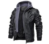 Zanisouta Veste en daim pour homme Col montant Veste en cuir Sweat à capuche amovible Décontracté Biker Cuir synthétique Veste de moto Bomber à capuche Manteau d'hiver chaud décontracté, P noir., XL