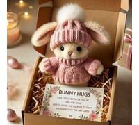 ZANWANXIN Mini Bunny Hug Cute Easter Gift,Cute Handmade Emotional Support Bunny with Inspirational Card,Easter Plush Rabbit with Knitted Hat and Pom Pom,Gift for Teachers, Friends (Pink)