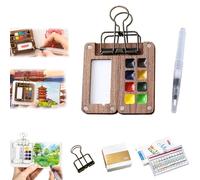 ZANWANXIN Pocket Artist Watercolor Travel Set, Paint Palette Travel Kit,Mini Portable Wooden Paint Box Set, Portable Watercolor Travel Set, with Binder Clip Paint and Water Pen (C set)