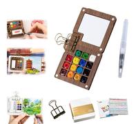 ZANWANXIN Pocket Artist Watercolor Travel Set, Paint Palette Travel Kit,Mini Portable Wooden Paint Box Set, Portable Watercolor Travel Set, with Binder Clip Paint and Water Pen (Fset)