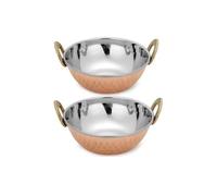 Zap Impex Lot de 2 plats indiens en cuivre et acier inoxydable martelé Karahi pour plats indiens et pièces de service 15 cm de diamètre