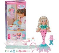 Baby Born Glam Up Sparkle Sirène aux Longs Cheveux blonds avec Effet de Couleur UV à coiffer avec Accessoires en Tissu et épingles avec ami Animal