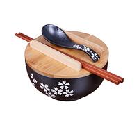 zaqiming Vaisselle de cuisine japonaise coréenne vintage bol nouilles bol de riz style japonais bol de nouilles instantanées en céramique noire Baguettes avec couvercle et cuillère