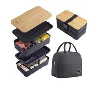 zaraf Bento Lunch Box 2 Couches Boite Repas Compartiment 1200 ml Lunchbox Hermétique avec Couverts Kit et Sac Isotherme Repas Boite Bento pour Adultes Enfants Pique-Niques Travail L'école (Noir)