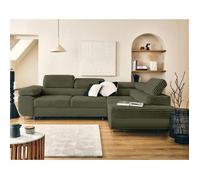 Zaria - canapé d'angle droit 5 places convertible avec coffre et têtières en velours côtelé grosses côtes - Vert Kaki