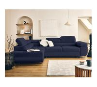 Zaria - canapé d'angle gauche 5 places convertible avec coffre et têtières en velours côtelé grosses côtes - Bleu