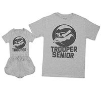 Zarlivia Clothing Trooper Junior & Trooper Senior - Matching Father Baby Gift Set - Mens T Shirt & Baby Girl Playsuit - Grey - XX-Large & 6-12 Months