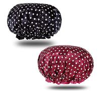 ZARRS Lot de 2 bonnets de douche pour femme - Double couche - Réutilisables - Imperméables - Élastiques - Pour femme - Pour douche, spa, salon - Noir et rouge à pois
