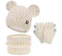 ZASFOU Enfant Fille Garçon Hiver Chapeau Bonnet Echarpe Écran Tactile Gants Ensemble 2 3 4 5 6 7 Ans Tricot Pom Bonnets Polaire Casquette Cache Cou Gant Cadeaux Filles Garçons