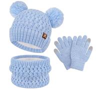 ZASFOU Enfant Fille Garçon Hiver Chapeau Bonnet Echarpe Écran Tactile Gants Ensemble 2 3 4 5 6 7 Ans Tricot Pom Bonnets Polaire Casquette Cache Cou Gant Cadeaux Filles Garçons
