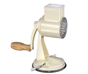 Zassenhaus Râpe à tambour classique manuelle, en métal laqué, bois de hêtre, acier inoxydable, pied à ventouse, 2 tambours à râper et pilon, utilisable comme coupe-légumes, râpe à fromage et rabot,