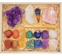 ZATNY Deluxe Healing Crystals in Wooden Box 7 Chakra Set Tumbled & Raw Stones, Rose Quartz, Amethyst Cluster, Crystal Points, Chakra Pendulum, 82 Page E-Book + Reference Guide Poster, Ruban Bow