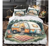 ZAWPPEUIO Rétro Trailer Linge de Lit 3D Imprimée Microfibre 3 Pièces Éclair Ultra Douce Vintage Camping Housse de Couette Léger Résistante for Adolescent King（220x240cm）