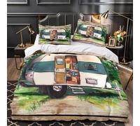 ZAWPPEUIO Rétro Trailer Linge de Lit Microfibre Résistante 3D Imprimée 3 Pièces Éclair Super Douce Vintage Camping Housse de Couette Confortable Entretien Facile for Les Enfants Single（135x200cm）