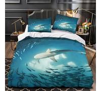 ZAWPPEUIO Shark Swimming Ensemble Lit 3D Microfibre 3Pcs 2 Taies Douce Underwater Marine Life Housse Couette Respirante Entretien Fac for Adulte Enfants Filles Single(140x200)