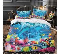ZAWPPEUIO Underwater Linge de Lit 3D Imprimé Microfibre Hypoallergique 3 Pièces 2xTaies Douce Marine Life Illustration Housse de Couette Super Douce Résistante for Enfant Single（135x200cm）