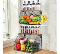 Zaxiva 2 Etages Corbeille a Fruit, Panier a Fruit etagere de murale cuisine, Rangement de cuisine empilable, Avec un Couvercle en bois et 4 Crochets pour Fruit Basket pour Rangement Fruits et Légumes