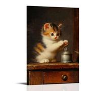 ZBBZJYHH Affiche murale artistique moderne à suspendre avec un dé à coudre en argent sur un bureau en bois - Scène de l'âge d'or néerlandais d'un chaton en écaille de tortue - 40 x 60 cm