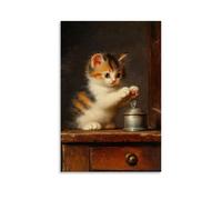 ZBBZJYHH Affiche murale artistique moderne à suspendre avec un dé à coudre en argent sur un bureau en bois - Scène de l'âge d'or néerlandais d'un chaton en écaille de tortue - 40 x 60 cm