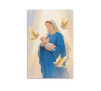 ZBBZJYHH Affiche murale artistique moderne à suspendre Marie en robe bleue tenant l'enfant Jésus, trois colombes volant autour avec des lueurs dorées sur les ailes, des rayons doux derrière une