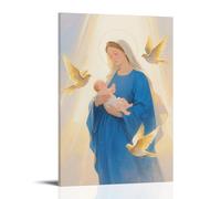 ZBBZJYHH Affiche murale artistique moderne à suspendre Marie en robe bleue tenant l'enfant Jésus, trois colombes volant autour avec des lueurs dorées sur les ailes, des rayons doux derrière une
