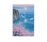 ZBBZJYHH Décoration murale à couper le souffle sur la côte - Superbe mouettes, fleurs de cerisier roses et montagnes majestueuses - Décoration murale artistique moderne à suspendre - 30 x 45 cm