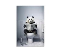 ZBBZJYHH Papier peint sanitaire, motif pandas assis sur les toilettes et regarde le journal - Peinture abstraite - Œuvres d'art modernes pour salle de bain - Décoration murale artistique moderne à